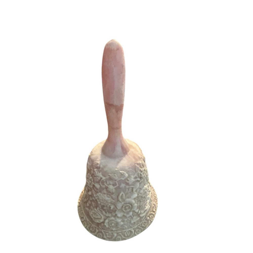 Vintage Incolay Stone coral Pheasant Birds Flowers Bell w/Brass Bell Dinger 7 in